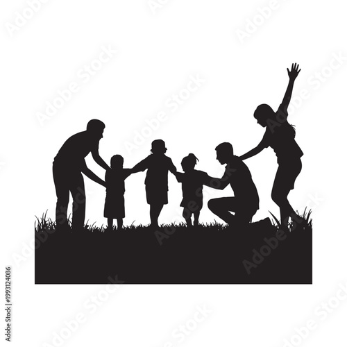A family of six enjoys a playful moment together outdoors