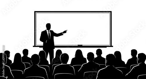 Isolated black vector silhouette of teacher giving presentation to seated audience in classroom with whiteboard, education and business seminar illustration.