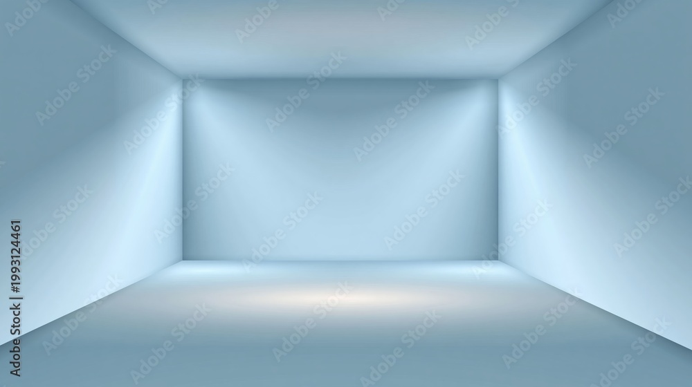 Fototapeta premium Empty light blue room interior with soft spotlights and clean walls, modern minimal background with copy space for product display or advertising banner.