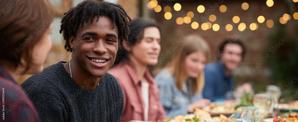 Fototapeta premium diverse pals sharing a feast at a sunny outdoor table