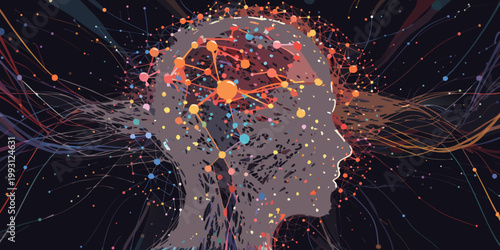 Brainstorm, colorful human head, creative thinking, neural network, vector illustration