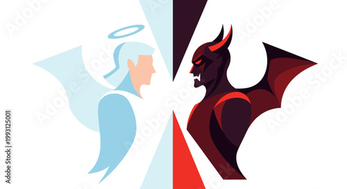 Angel and devil facing each other in a good versus evil conceptual vector illustration