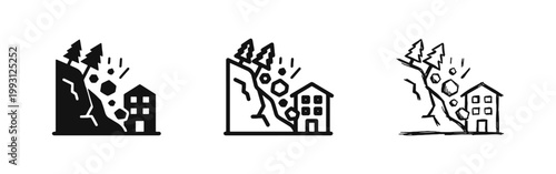 Landslide Natural Disaster Icon Set Showing Falling Rocks Near House in Three Different Styles