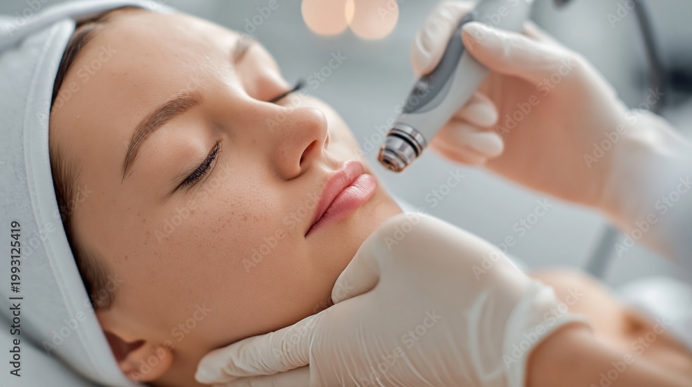 Naklejka premium Close up of woman receiving professional facial treatment with skincare device at beauty clinic, concept of dermatology, spa and cosmetic procedure.