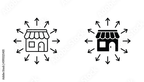 Shop building icon with surrounding arrows in outline and solid black vector style for e-commerce and retail location concepts