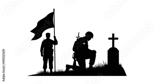 Silhouette of a kneeling soldier and flag bearer mourning at a grave