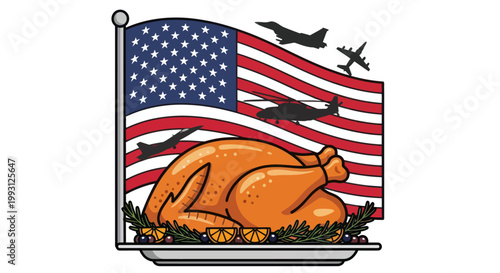Patriotic roasted turkey with American flag and military aircraft silhouettes