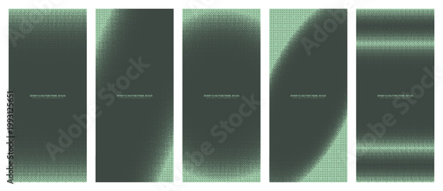Sage green dither halftone pattern set vertical 9:20 vector vignette frames and borders. Varied retro 8-bit bitmap texture design bundle for mobile app UI, social media stories, and tech projects