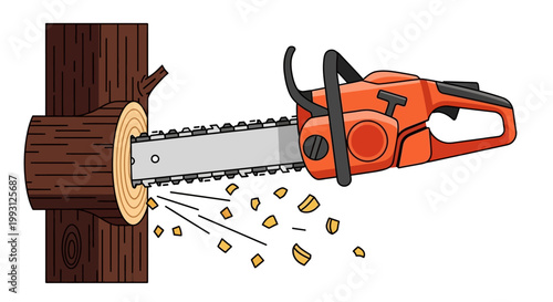 Orange chainsaw cutting into a tree trunk with wood chips flying