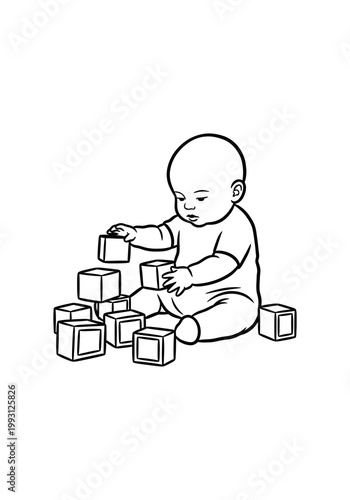 A baby sitting cross-legged holding a ball and a block