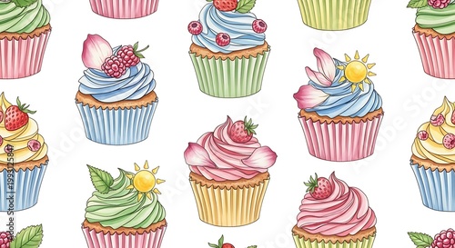 watercolor cupcake pattern with berry toppings and colorful frosting. sweet dessert backdrop and bakery textile design for cafe branding, party invitations and gift wrap