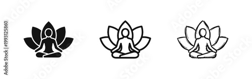 Yoga Meditation Icon Set with Person in Lotus Pose and Flower in Three Different Styles