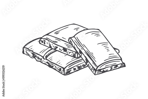 Hand drawn chocolate bars stacked togethers black ink sketch illustration. Delicious cocoa confectionery dessert snack. Sweet food item for cafe menu, bakery or restaurant design element.