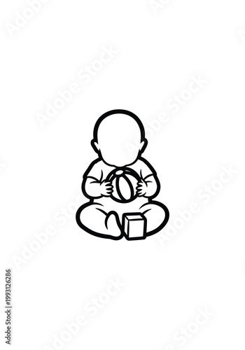 A baby sitting cross-legged holding a ball and a block