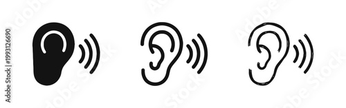 Hearing and Sound Waves Ear Icon Set - Audio Listening Symbol in Three Styles