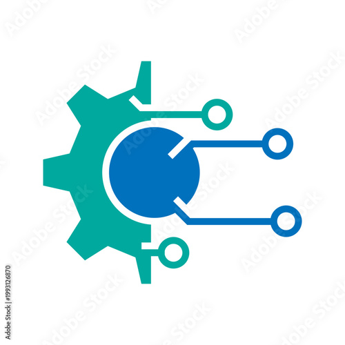 Outline icon combining gear and circuit lines representing technology, automation, and engineering systems.