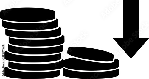 Stack of Coins with Downward Arrow Financial Loss Silhouette