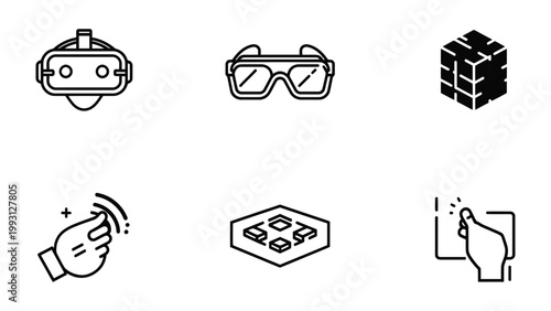 Innovative Tech Symbols: An array of modern technology symbols and icons related to virtual reality, augmented reality, and interactive computing.