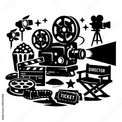 Film and Cinema Icon Set with Vintage Camera and Movie Clapper