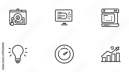 Technology Icons: A set of minimalistic technology icons, including a light bulb, graph, oven, and monitor. Designed in a sleek, modern, and versatile outline style.
