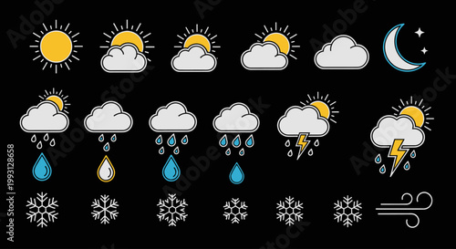 Foto Weather forecast icons on black background.