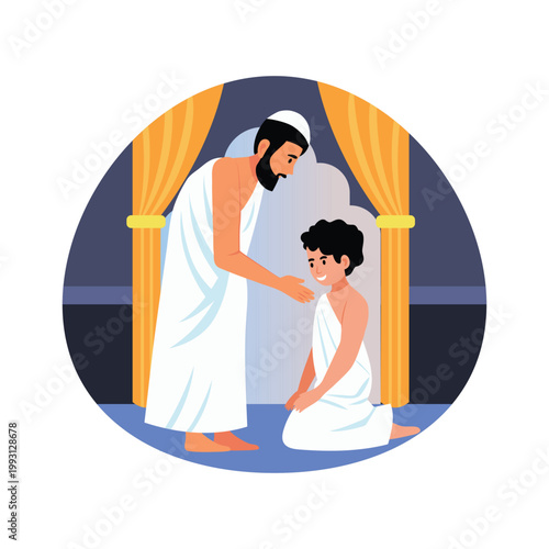 Father and son in ihram vector concepts illustration eps file