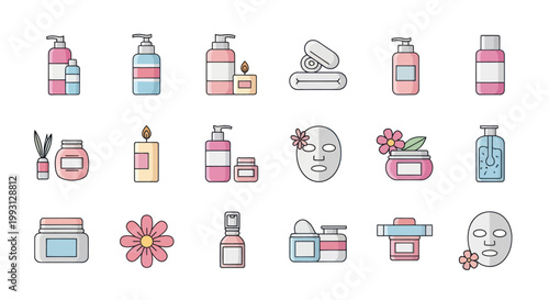 Colorful skincare and beauty products icons.