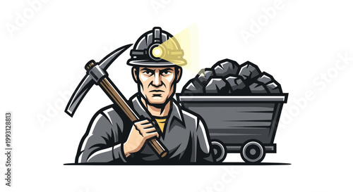 Man in mining helmet holding pickaxe.