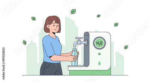 Woman refilling a water bottle, promoting sustainable green living.