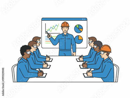 Factory team briefing with manager presenting data charts