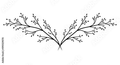 Elegant black symmetrical floral decorative border with branches and buds