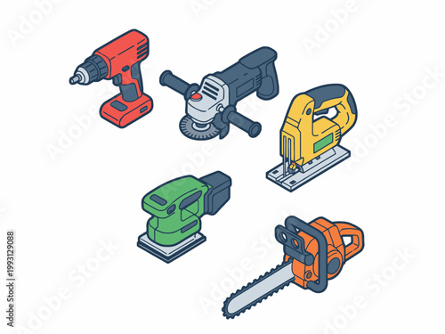 Isometric power tools set for construction and woodworking