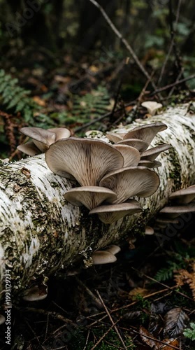 Cluster Of Oyster Mushrooms Growing On A Fallen Birch Log In A Misty Forest With Soft Natural Lighting