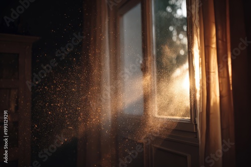 Dust particles float through a window as sunlight streams into the room during early morning hours
