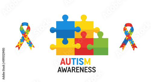Autism Awareness Ribbon and Puzzle Pieces Design Celebrating Understanding and Inclusivity