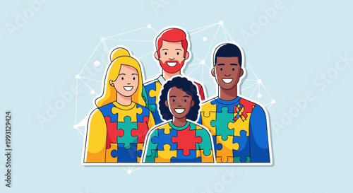 Diverse group of people showing autism awareness with colorful puzzle pieces on light blue background