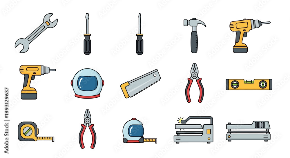 Fototapeta premium Construction and DIY Home Repair Tools Icon Set - Professional Vector Illustration of Wrench, Hammer, Drills, Pliers, and Industrial Equipment for Workshop Projects