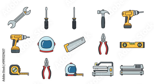 Construction and DIY Home Repair Tools Icon Set - Professional Vector Illustration of Wrench, Hammer, Drills, Pliers, and Industrial Equipment for Workshop Projects