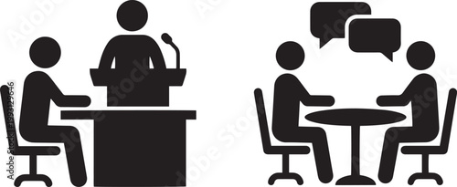 Professional business meeting icon set with spokesperson at podium and people sitting at round table for conference discussion isolated on white background.