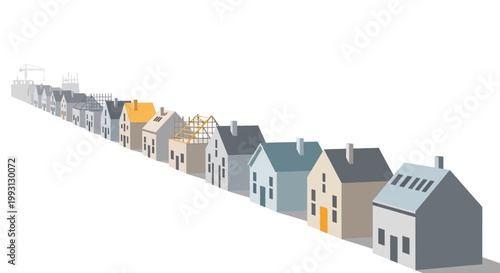 Row of Modern Houses Under Construction Representing Real Estate Development and Housing Market Growth on White Background