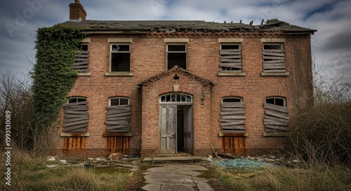 Dilapidated Abandoned Brick House with Boarded Up Windows.