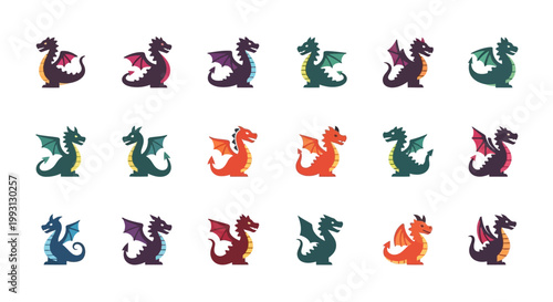 18 Colorful Flat Dragon Icons Set, Mythical Creature Vector Illustrations for Games and UI Design, Cute Fantasy Dragon Characters Isolated on White Background