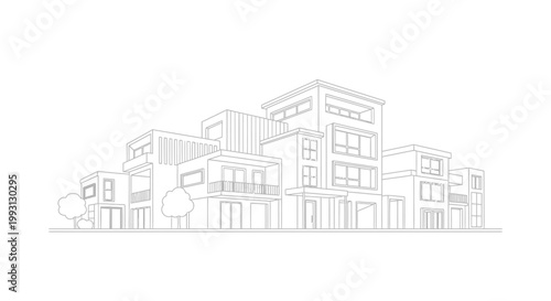Modern Residential Architecture Line Art Illustration of an Apartment Complex and Townhouses, Minimalist Architectural Drawing for Real Estate and Urban Planning