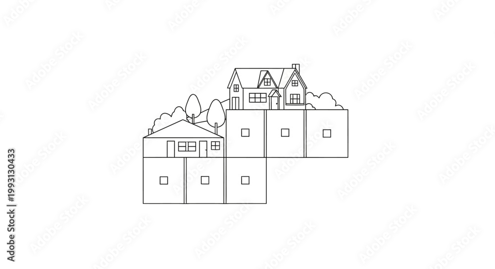 Fototapeta premium Minimalist Line Art Illustration of Houses on Modular Blocks - Real Estate Growth and Construction Concept