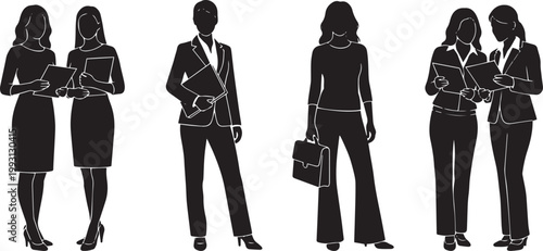 Professional Business Women Silhouettes in Formal Suits and Corporate Attire Holding Folders and Briefcase standing in Confident Poses for Office Teamwork Concept