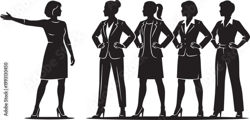 Professional Business Women Silhouettes in Formal Suits with Leader Presenting to Confident Female Team for Corporate Leadership and Office Management Success Concepts