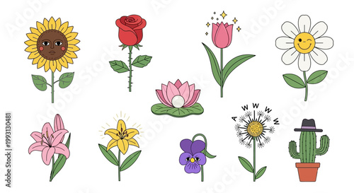 Groovy Retro Floral Collection with Whimsical Cartoon Flowers and Anthropomorphic Faces. Vintage 70s Style Vector Icons Featuring Sunflower, Daisy, Rose, and Cactus.