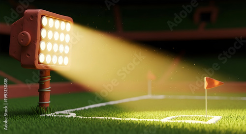 A powerful stadium spotlight illuminates a vibrant green grass sports field corner with a small orange flag at night.