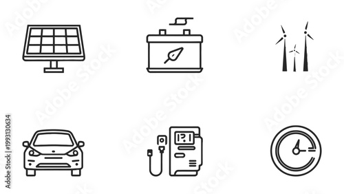 Green Energy Icons: A collection of meticulously crafted line icons representing the essence of green energy, including solar panels, wind turbines, electric vehicle, battery, charger, and a clock.