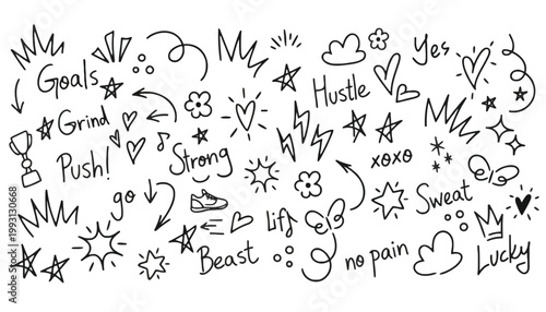 Motivation, inspirational quotes, doodle icons, black and white vector graphics, fitness phrases